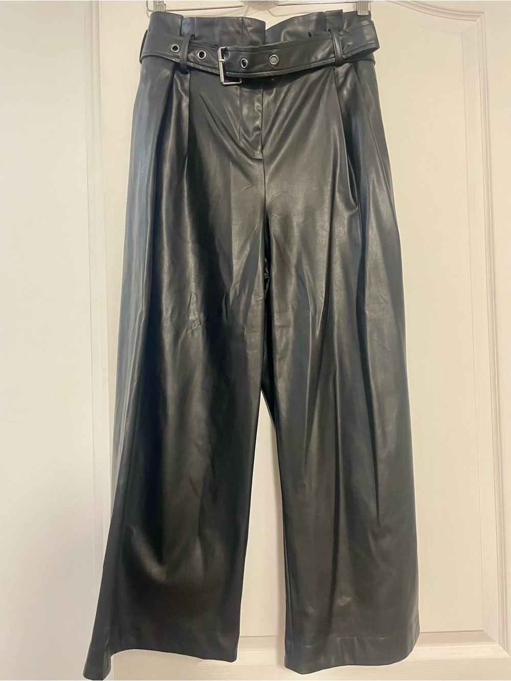 Karl Lagerfeld Faux Black Leather Belted Pants, Size XL